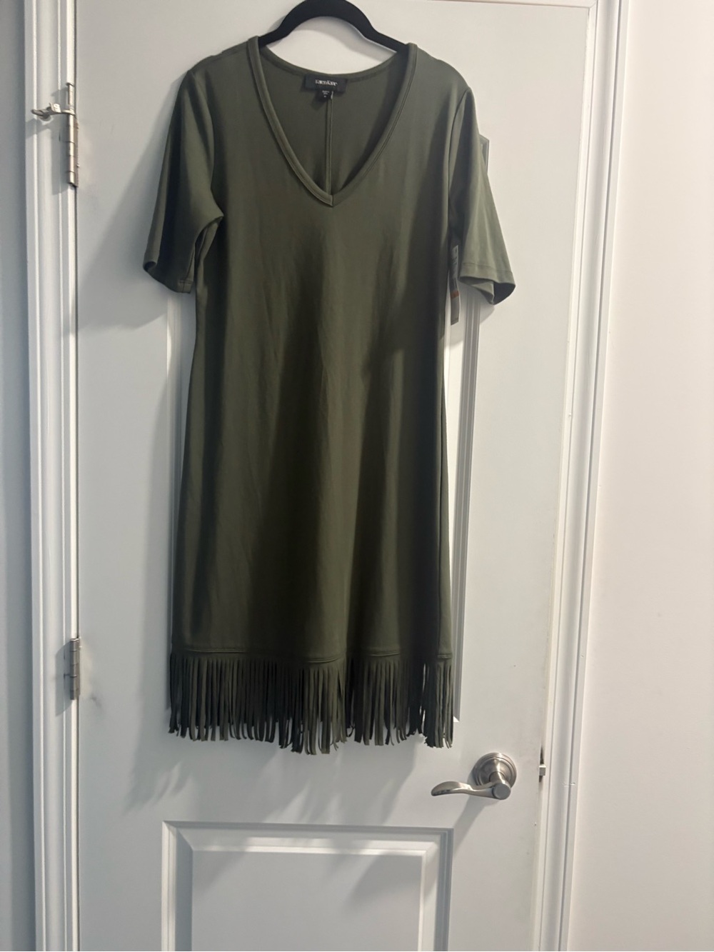 NWT Karen Kane Olive Green V-Neck Fringe Hem Knee-Length Dress Size Small Earthy